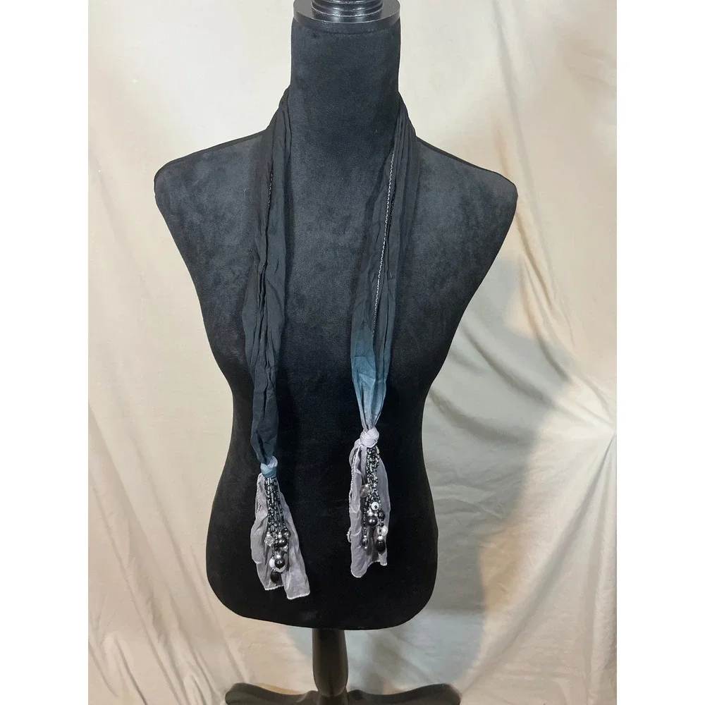 Womens Black‎ Grey Ombre Beaded Lariat Scarf Necklace Boho Statement Accessory